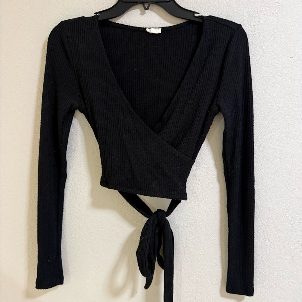 Garage Black Ribbed Wrap Tie Crop Top XS